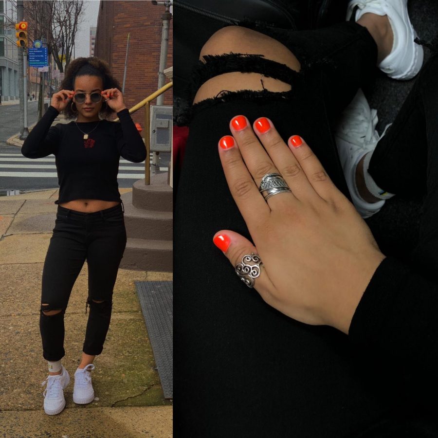 Angelica Scotto shows out in a long sleeve Brandy Melville top with ripped black jeans and her white pumas with her orange nails to complete the Neon Orange drip! 