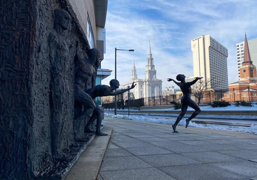 “Freedom Sculpture” by Zenos Frudakis on 16th and Vine. His intent was to capture the struggle for freedom. “I was conscious that it was a universal desire with almost everyone; that need to escape from some situation—be it an internal struggle or an adversarial circumstance, and to be free from it.”