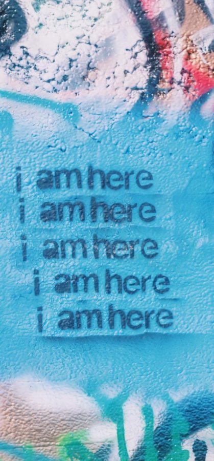 “I am here” graffiti, stenciled over top of past graffiti. This is located at “Graffiti Pier” where the art is constantly changing and getting covered up by new art.