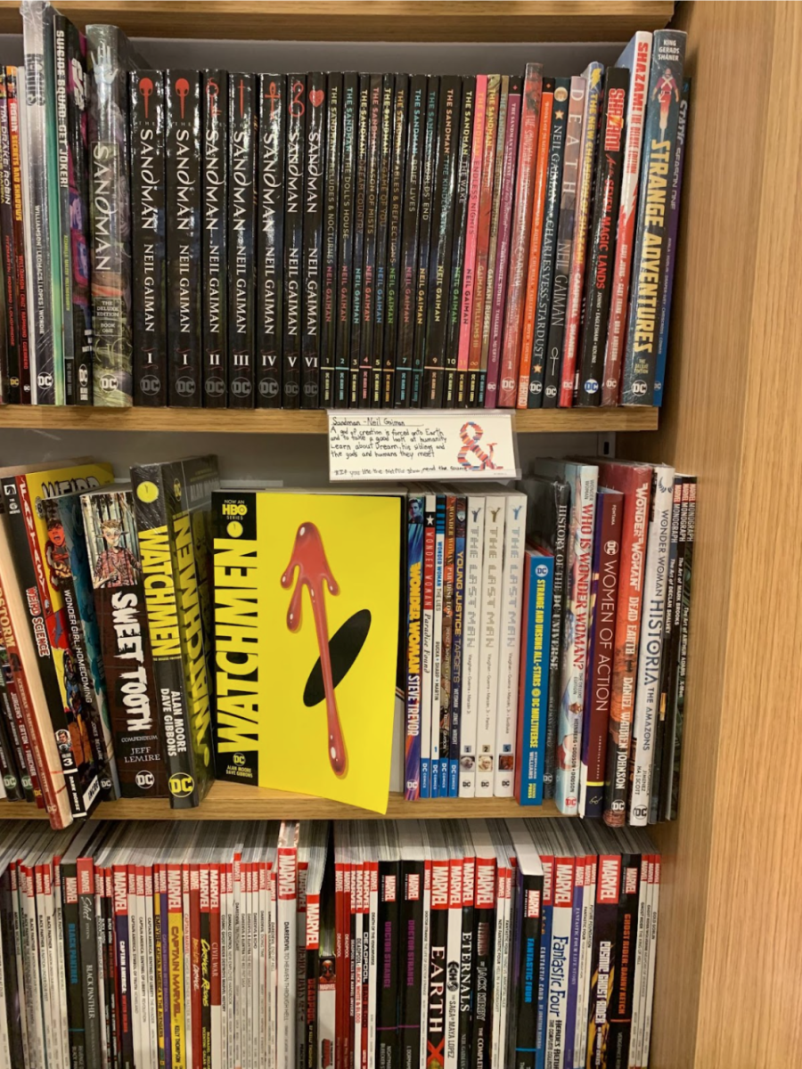 A shelf of comic book volumes for sale at the local Barnes and Noble bookstore. The store moved locations from Rittenhouse Square to 17th and Chestnut in 2023.