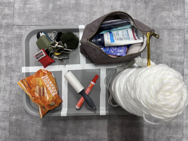 Tray with chips, keys, a bag, lint roller, and yarn, January 16th.